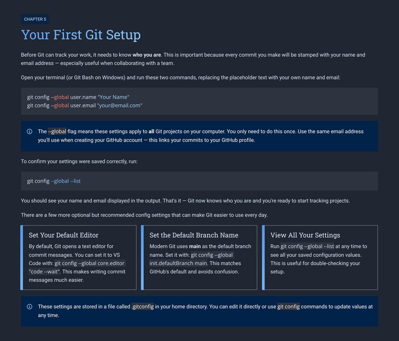 Peut inclure: Une page web bleu fonc&eacute; avec le titre "Your First Git Setup". La page fournit des instructions sur la configuration de Git, y compris les commandes pour configurer le nom d'utilisateur, l'e-mail et d'autres param&egrave;tres. La page comprend &eacute;galement des informations sur la configuration d'un &eacute;diteur et d'un nom de branche par d&eacute;faut.