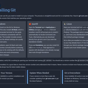 Peut inclure: Une page web bleu fonc&eacute; intitul&eacute;e "Installing Git" avec des instructions pour installer Git sur Windows, macOS et Linux. Le texte explique les &eacute;tapes et les commandes n&eacute;cessaires. Il y a aussi des informations sur la v&eacute;rification et la mise &agrave; jour de Git.