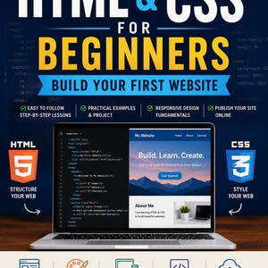 May include: A promotional image for a beginner's guide to HTML & CSS. The design features a laptop displaying a website, with the text "HTML & CSS for Beginners" in large, bold letters. Icons and text highlight key learning areas.