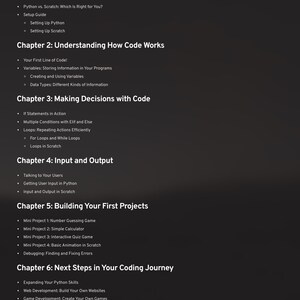 May include: A black and white table of contents for a coding guide. The text includes chapters on programming languages, code basics, decision-making, input/output, and building projects. Resources and tools are also listed.