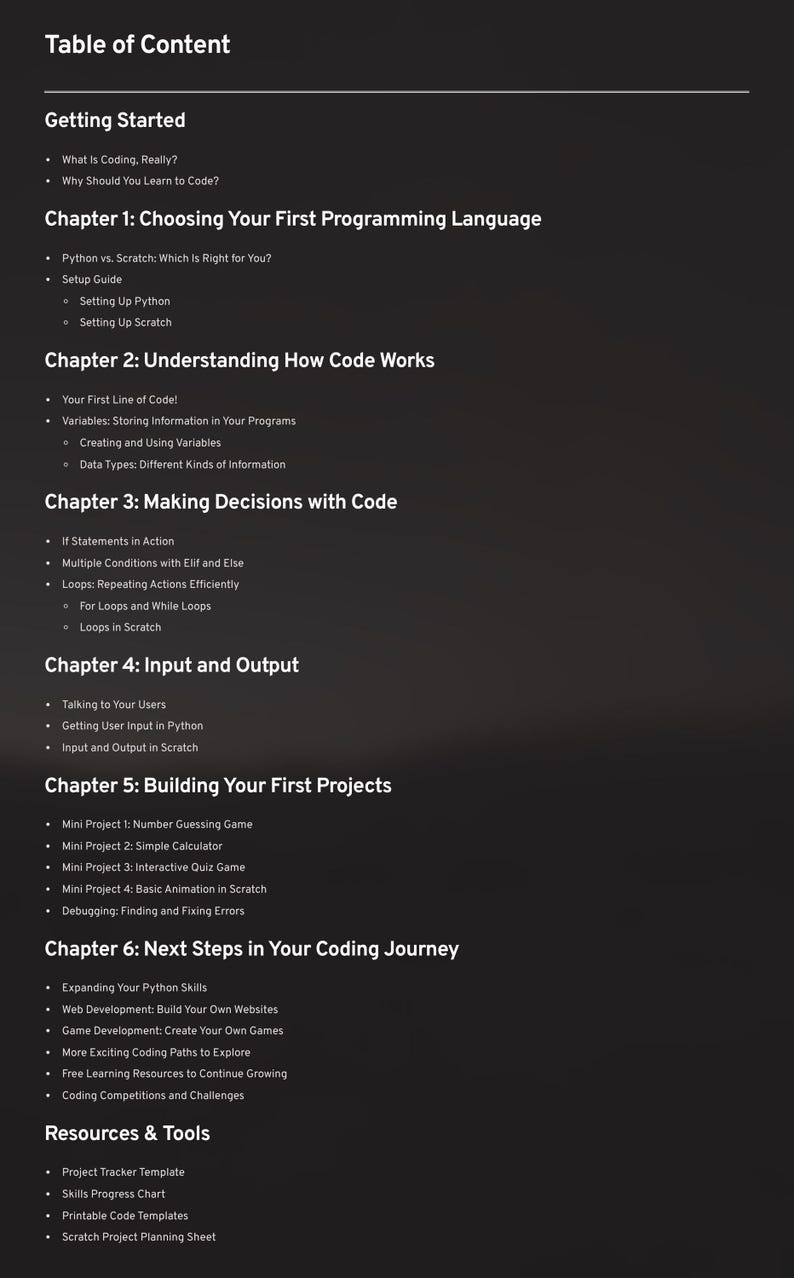 May include: A black and white table of contents for a coding guide. The text includes chapters on programming languages, code basics, decision-making, input/output, and building projects. Resources and tools are also listed.