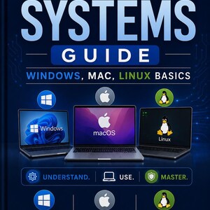 Könnte beinhalten: Buchcover "OPERATING SYSTEMS GUIDE" mit dem Untertitel "WINDOWS, MAC, LINUX BASICS". Es zeigt drei Laptops mit Windows-, macOS- und Linux-Oberflächen. Das Cover enthält Symbole und Text, die die Grundlagen jedes Betriebssystems erklären.