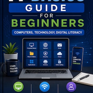 May include: A guide titled "IT Basics for Beginners" with a laptop displaying app icons, a smartphone, and a mug. The guide covers computers, technology, and digital literacy, with the text "Learn. Practice. Succeed."