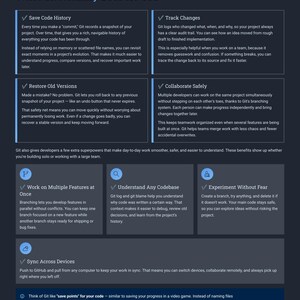 Peut inclure: Infographie "What Git Actually Does for You" sur fond bleu fonc&eacute;. Elle pr&eacute;sente les avantages de Git : sauvegarde de l'historique du code, suivi des modifications, restauration des versions et collaboration s&eacute;curis&eacute;e. Elle aborde &eacute;galement le travail sur les fonctionnalit&eacute;s, la compr&eacute;hension du code et l'exp&eacute;rimentation.