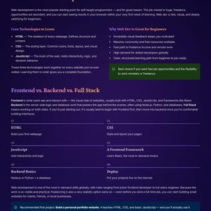 May include: A web development guide titled "Path A: Web Development." It details core technologies such as HTML, CSS, and JavaScript, and explains frontend, backend, and full stack concepts. The guide also highlights the advantages of web development for beginners.