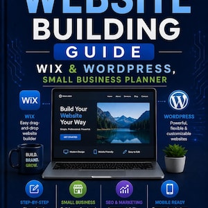 Puede incluir: Gráfico azul oscuro que promueve la creación de sitios web DIY. La guía cubre Wix y WordPress para pequeñas empresas. Incluye un portátil que muestra un sitio web, logotipos de Wix y WordPress e iconos de funciones clave.