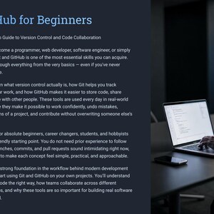Peut inclure: Un ordinateur portable affichant du code est pos&eacute; sur un bureau sombre. Le texte "Git & GitHub for Beginners" est visible, ainsi qu'un texte descriptif sur le contr&ocirc;le de version et la collaboration de code. Une personne utilise l'ordinateur portable dans une pi&egrave;ce faiblement &eacute;clair&eacute;e.