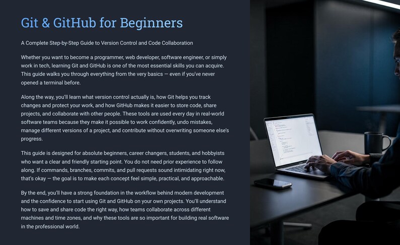 Peut inclure: Un ordinateur portable affichant du code est pos&eacute; sur un bureau sombre. Le texte "Git & GitHub for Beginners" est visible, ainsi qu'un texte descriptif sur le contr&ocirc;le de version et la collaboration de code. Une personne utilise l'ordinateur portable dans une pi&egrave;ce faiblement &eacute;clair&eacute;e.