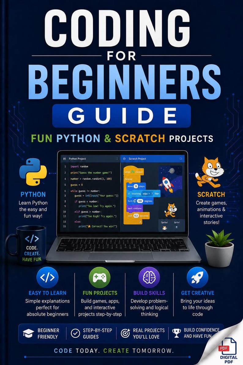May include: A guide titled "Coding for Beginners" with Python and Scratch projects. The image features a laptop displaying code, a Python logo, a Scratch cat, and text: "Code Today. Create Tomorrow."