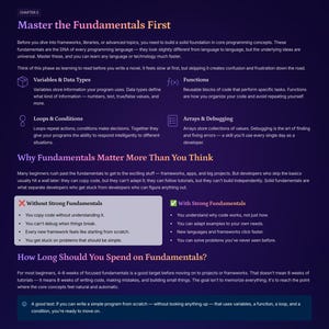 May include: A book page titled "Master the Fundamentals First" discussing programming basics. It covers variables, loops, functions, and debugging. The text highlights the importance of strong fundamentals, with bullet points outlining their advantages.
