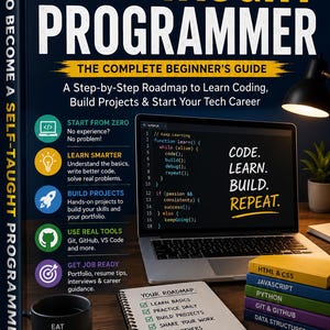 May include: A book titled "How to Become a Self-Taught Programmer" with a laptop displaying code, a coffee mug, and a notepad. The book cover is dark blue with yellow text. Additional books on HTML & CSS, JavaScript, Python, Git & GitHub, and Data Structures are visible.