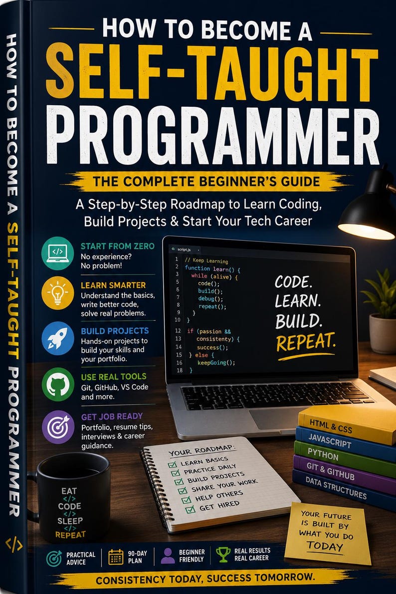 May include: A book titled "How to Become a Self-Taught Programmer" with a laptop displaying code, a coffee mug, and a notepad. The book cover is dark blue with yellow text. Additional books on HTML & CSS, JavaScript, Python, Git & GitHub, and Data Structures are visible.