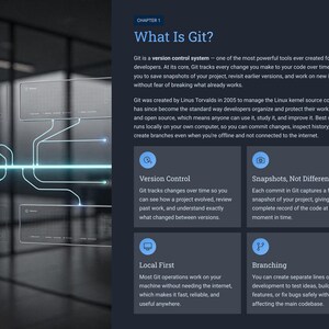Peut inclure: Une page web bleu fonc&eacute; avec le titre "What Is Git ?" et des descriptions du contr&ocirc;le de version, des instantan&eacute;s, des op&eacute;rations locales et des branches. La page a un design moderne avec un graphique r&eacute;seau &agrave; gauche.