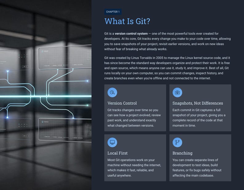 Peut inclure: Une page web bleu fonc&eacute; avec le titre "What Is Git ?" et des descriptions du contr&ocirc;le de version, des instantan&eacute;s, des op&eacute;rations locales et des branches. La page a un design moderne avec un graphique r&eacute;seau &agrave; gauche.