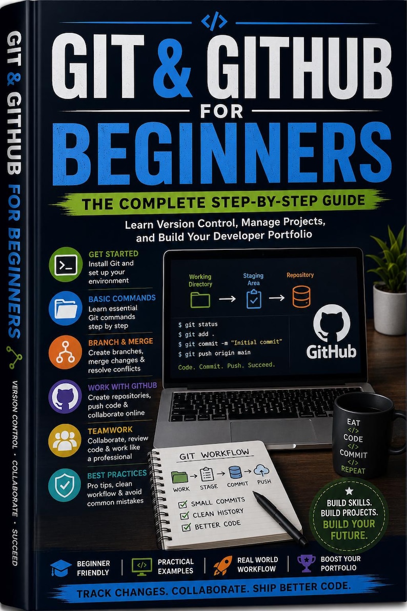 Peut inclure: Un livre intitul&eacute; "Git & GitHub pour les d&eacute;butants" avec une couverture bleue et blanche. Le livre comprend des informations sur le contr&ocirc;le de version, la gestion de projets et la cr&eacute;ation d'un portfolio de d&eacute;veloppeur. Un ordinateur portable, une tasse &agrave; caf&eacute; et un bloc-notes sont &eacute;galement visibles.