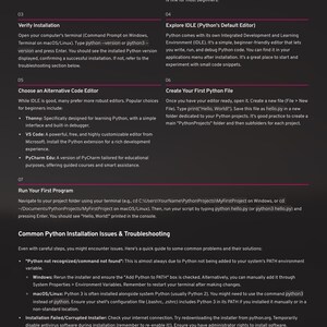 May include: A guide titled "Setting Up Python" with numbered steps. It details downloading the installer, running it, verifying installation, and using IDLE. Includes troubleshooting tips and a pro tip for online coding.