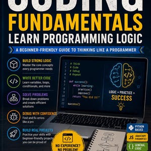 May include: A poster titled "Coding Fundamentals" with the text "Learn Programming Logic." It includes a laptop displaying code, a notebook with a flowchart, and icons representing programming concepts. The poster promotes a beginner-friendly guide.