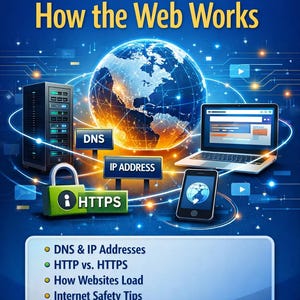 May include: A graphic promoting an "Internet Basics Guide: How the Web Works." The image features a globe, laptop, smartphone, and server. Key concepts like DNS, IP address, and HTTPS are highlighted. The guide is described as an "Easy Guide for Beginners."