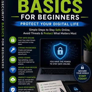 Puede incluir: Portada del libro "Cybersecurity Basics for Beginners" con un portátil, un smartphone y un bloc de notas. La portada presenta un icono de candado y el texto "Protect Your Digital Life". El libro tiene como objetivo ayudar a los usuarios a mantenerse seguros en línea.