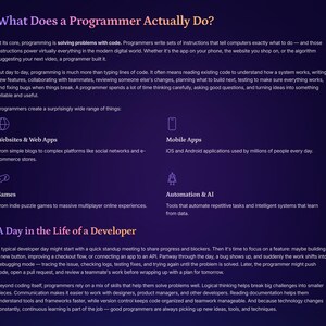 May include: A dark purple graphic with white text asking "What Does a Programmer Actually Do?" The image explains the role of programmers, covering websites, mobile apps, games, and automation.