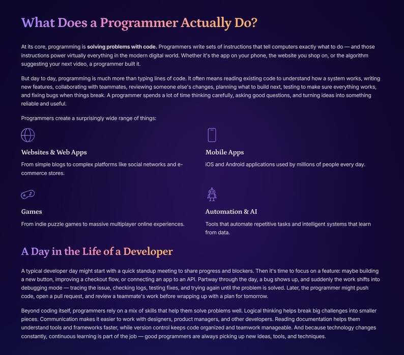 May include: A dark purple graphic with white text asking "What Does a Programmer Actually Do?" The image explains the role of programmers, covering websites, mobile apps, games, and automation.