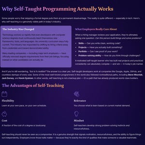 May include: A dark purple infographic with white text discussing self-taught programming. The text highlights the industry's shift, employer priorities, and advantages like flexibility and relevance. Includes names like Steve Wozniak.