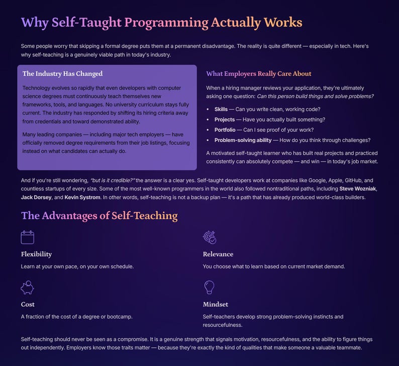 May include: A dark purple infographic with white text discussing self-taught programming. The text highlights the industry's shift, employer priorities, and advantages like flexibility and relevance. Includes names like Steve Wozniak.