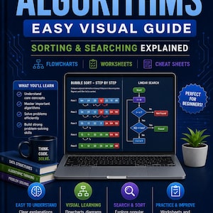 Puede incluir: Gráfico educativo con el título "Introducción a los algoritmos: Guía visual fácil". La imagen presenta un portátil que muestra algoritmos de ordenación y búsqueda, una taza y libros. El texto incluye "Diagramas de flujo", "Hojas de trabajo" y "Hojas de trucos".