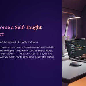 May include: Image shows the text "How to Become a Self-Taught Programmer" and a person using a laptop. The laptop screen displays code. A desk lamp and mouse are also visible. The text below the title reads "The Complete Beginner's Guide to Learning Coding Without a Degree."