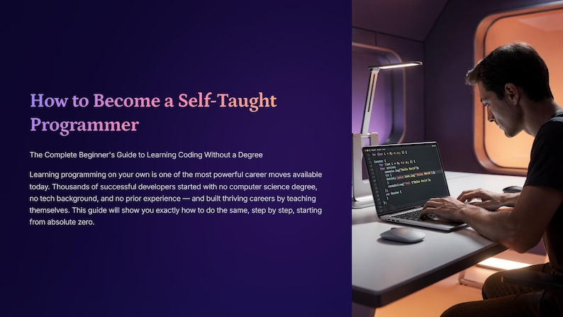 May include: Image shows the text "How to Become a Self-Taught Programmer" and a person using a laptop. The laptop screen displays code. A desk lamp and mouse are also visible. The text below the title reads "The Complete Beginner's Guide to Learning Coding Without a Degree."