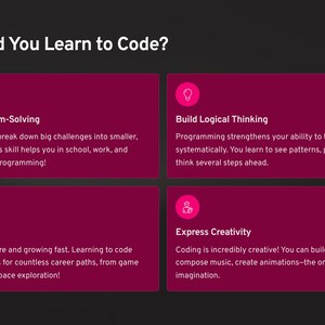 May include: A graphic with the title "Why Should You Learn to Code?" and four magenta boxes. Each box highlights a benefit: Supercharge Problem-Solving, Build Logical Thinking, Open Career Doors, and Express Creativity.