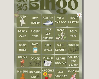 Impresión de tablero de bingo 2026 / Resolución de Año Nuevo editable / Tablero de visión y seguimiento de objetivos - Verde suave