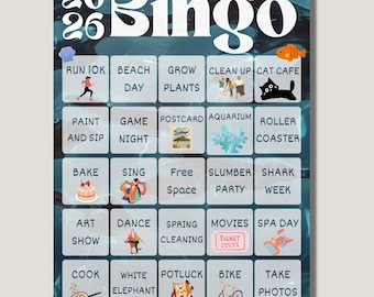 Impresión de tablero de bingo 2026 / Resolución de Año Nuevo editable / Tablero de visión y seguimiento de objetivos - Océano