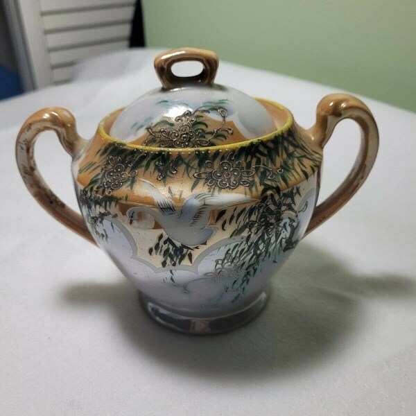 Stunning Lusterware Sugar Bowl Hand-Painted Moriage Japan Landscape Swan Floral