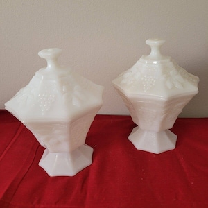 Vintage Anchor Hocking White Milk Glass Covered Candy Dishes Grapevine Pattern