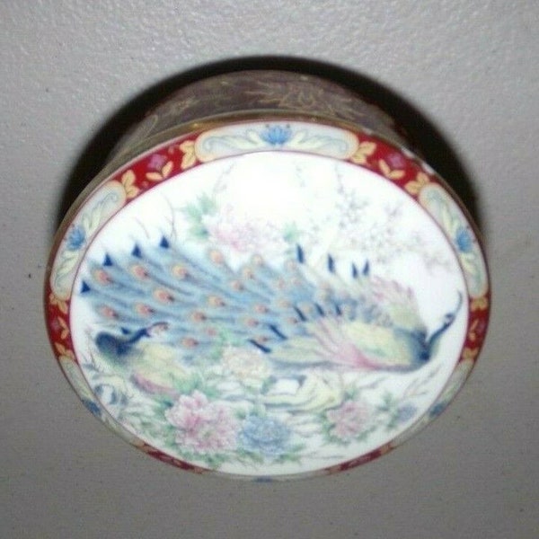 Vintage Japan Round Porcelain Trinket Box Peacocks & Flowers