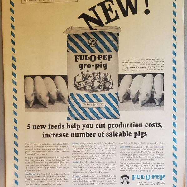 Full O Pep Gro Pig Piglet Starter Feed Advertisement Quaker Oats Company 1965