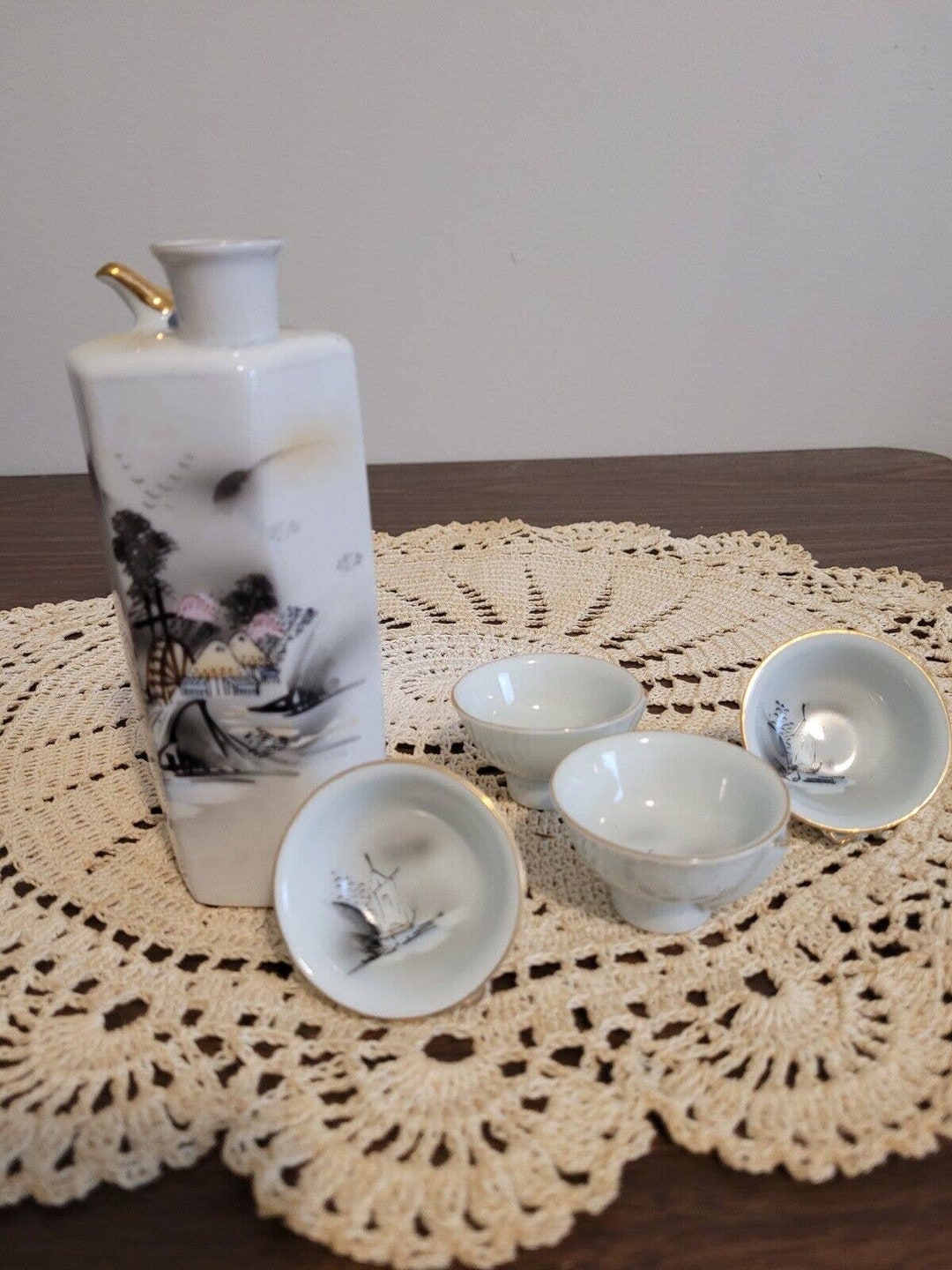 Vintage Kutani Whistling Bird Sake Set Gold Trim Pagoda Water Etsy