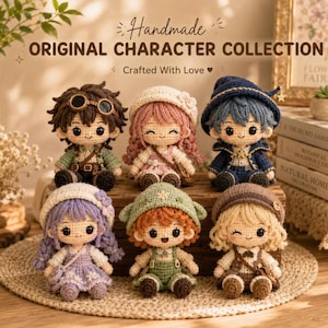 May include: Six handmade crochet dolls arranged in two rows. The top row features a brown-haired doll with goggles, a pink-haired doll with a hat, and a blue-haired doll in a wizard hat. The bottom row shows a purple-haired doll, an orange-haired doll in a green hat, and a blonde doll in a brown beret.