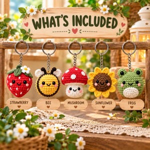 Handgjord virkad nyckelring, söt amigurumi jordgubb, bi, svamp, solros, groda, väskberlock, ryggsäckstillbehör, liten present