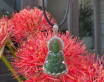 Avalokitesvara Bodhisattva Borded By Silver Pendant, Guan Yin Jade Pendent, Avalokitesvara Bodhisattva Pendant, Mother’s Day Gift, 925 Silve