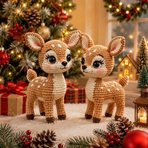 May include: Two crocheted deer figurines featuring light brown bodies with white spotted patterns, cream-colored chests, large dark eyes with long eyelashes, and small dark brown hooves. The deer have upright ears and short tails.