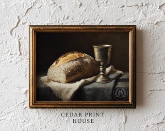 Rustic Communion Still Life Printable - Christian Art, Vintage Farmhouse Art, Moody Realistic Painting, Religious Digital Download Print