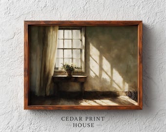Sunlight Streaming Through Mullioned Window Printable, Cozy Moody Decor, Soft Warm Scene, Rustic Digital Art, Vintage Cottagecore Print