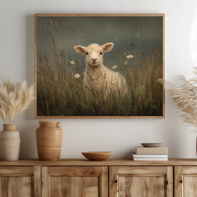 Charming lamb wall art for dining area — a cozy scene featuring a relaxed lamb and soft earthy tones that evoke a rustic ambiance.