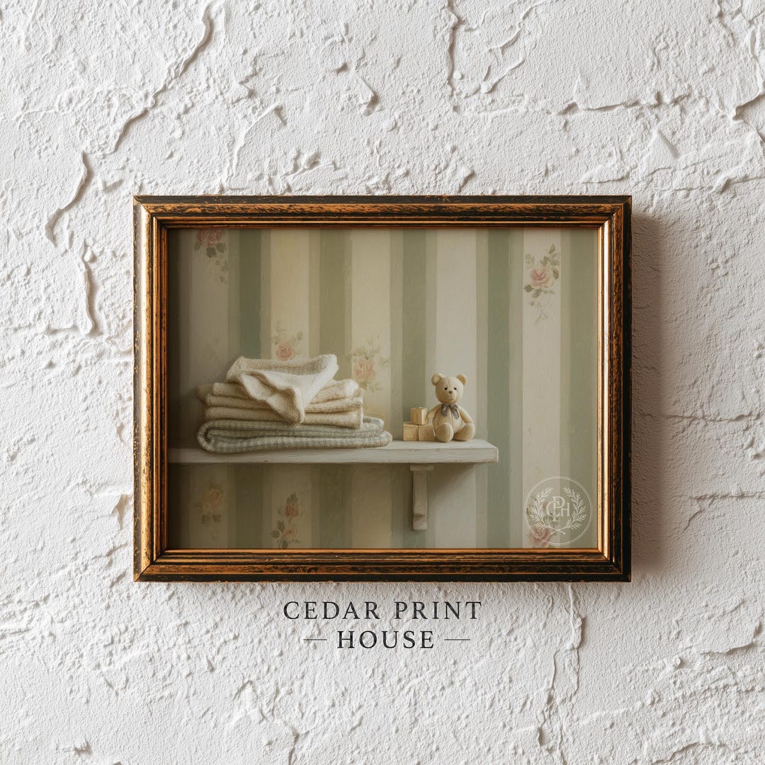 Vintage Nursery Wall Art - Cozy Cottagecore Shelf With Baby Blankets ...