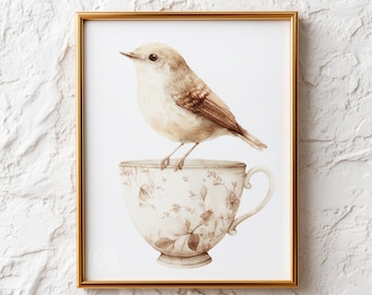 Gentle Songbird on Floral Teacup Painting - Vintage Cottagecore Printable, Neutral Watercolor Wall Art, Cozy Digital Download Decor