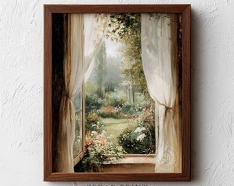 Cottage Window View with Sunlit Garden Printable - Cozy Romantic Cottagecore Art, Instant Download Pastoral Scene Wall Decor, Impressionist