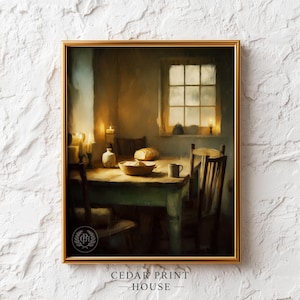 May include: A framed print of a dining room scene with a table set for a meal. The table is set with a bowl, bread, and a mug. Lit candles and a window with a view of the outside add to the warm ambiance. The text "CEDAR PRINT HOUSE" is at the bottom.
