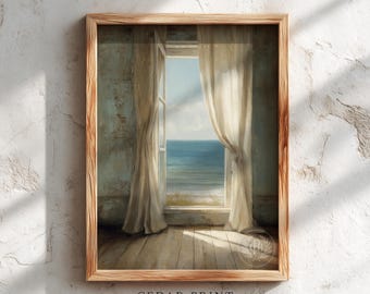 May include: A framed art print showing an open window with flowing curtains and a view of the sea. The artwork uses a soft colour palette of blues, creams, and browns, evoking a coastal theme. The text "CEDAR PRINT HOUSE" is at the bottom of the print.